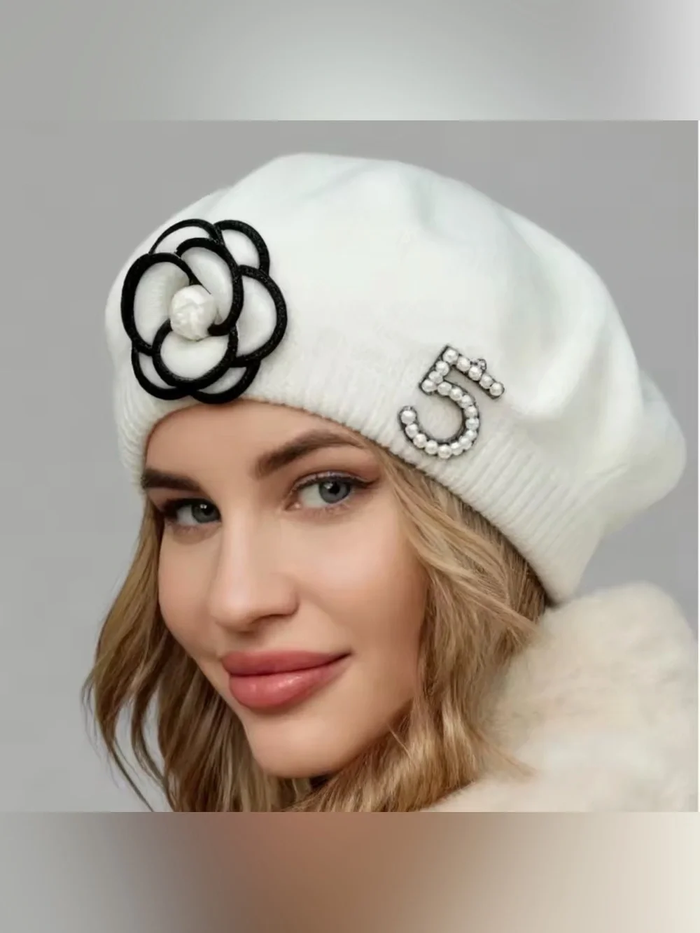 Elegant White Beret with Pearl '5' Accent and Black Flower Detail